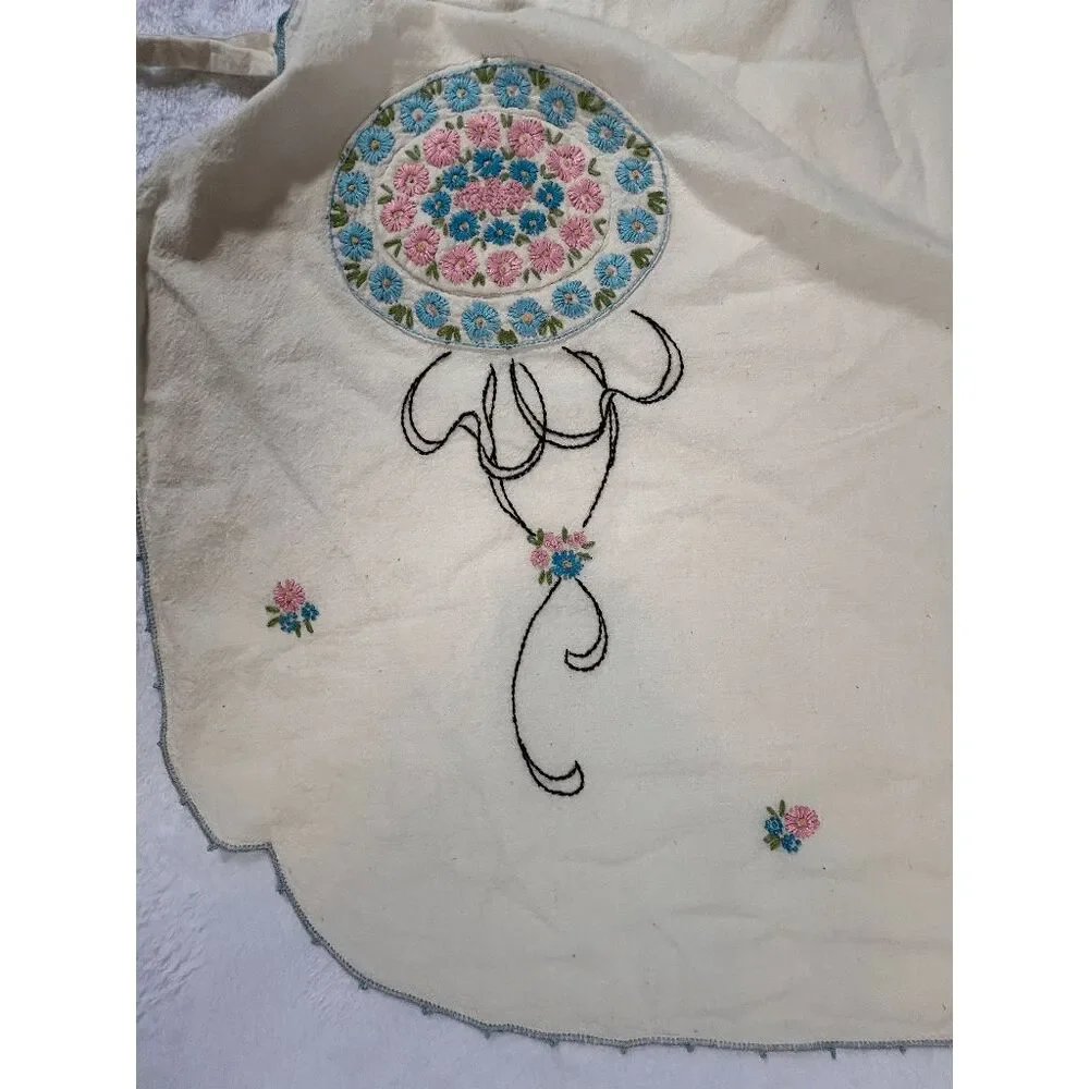 Handmade Full Front Cream Flower Embroidered Apron, Pocket, Detailed, Unique